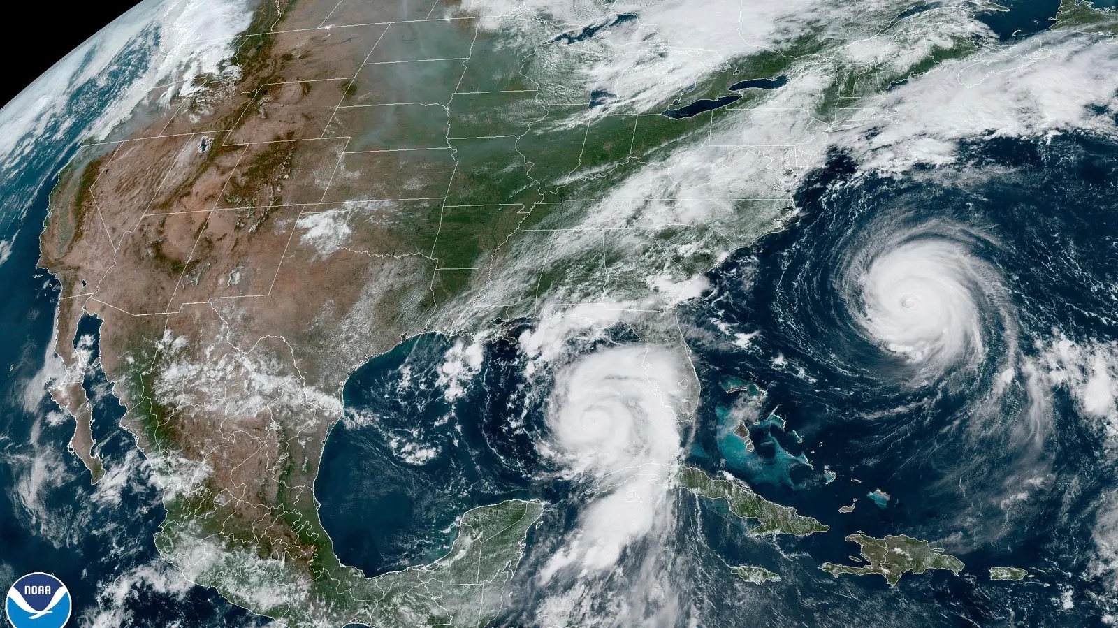 NOAA satellite view of hurricane systems